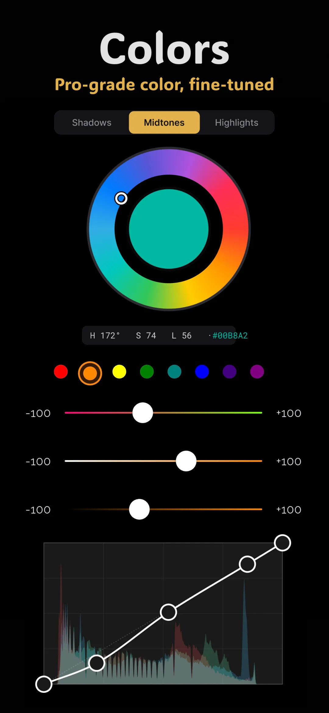 Fimii pro color grading with three-way color wheels, HSL, and tone curve
