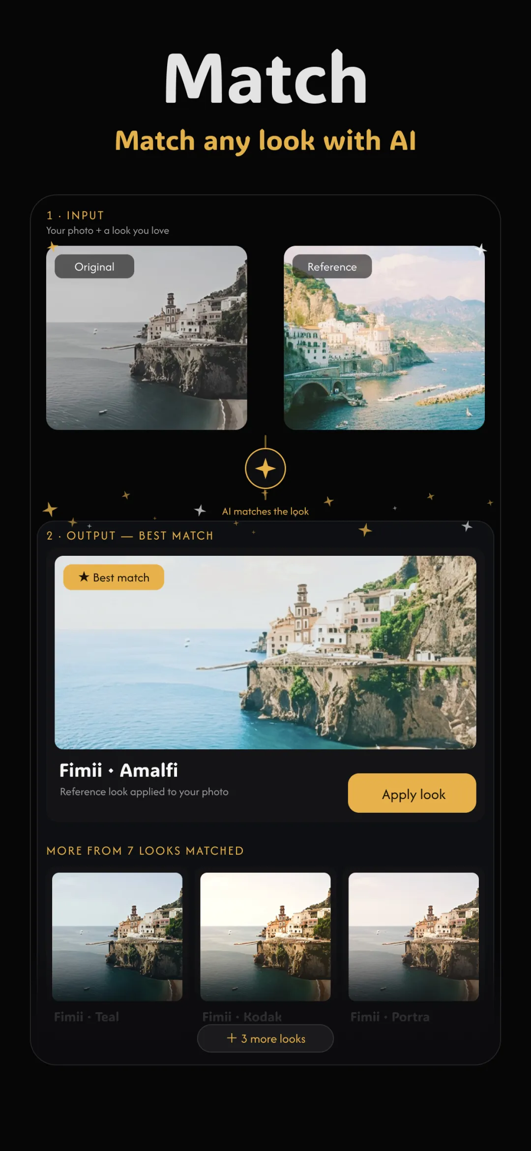 Fimii Match screen recreating a reference photo's look on the user's own photo with AI