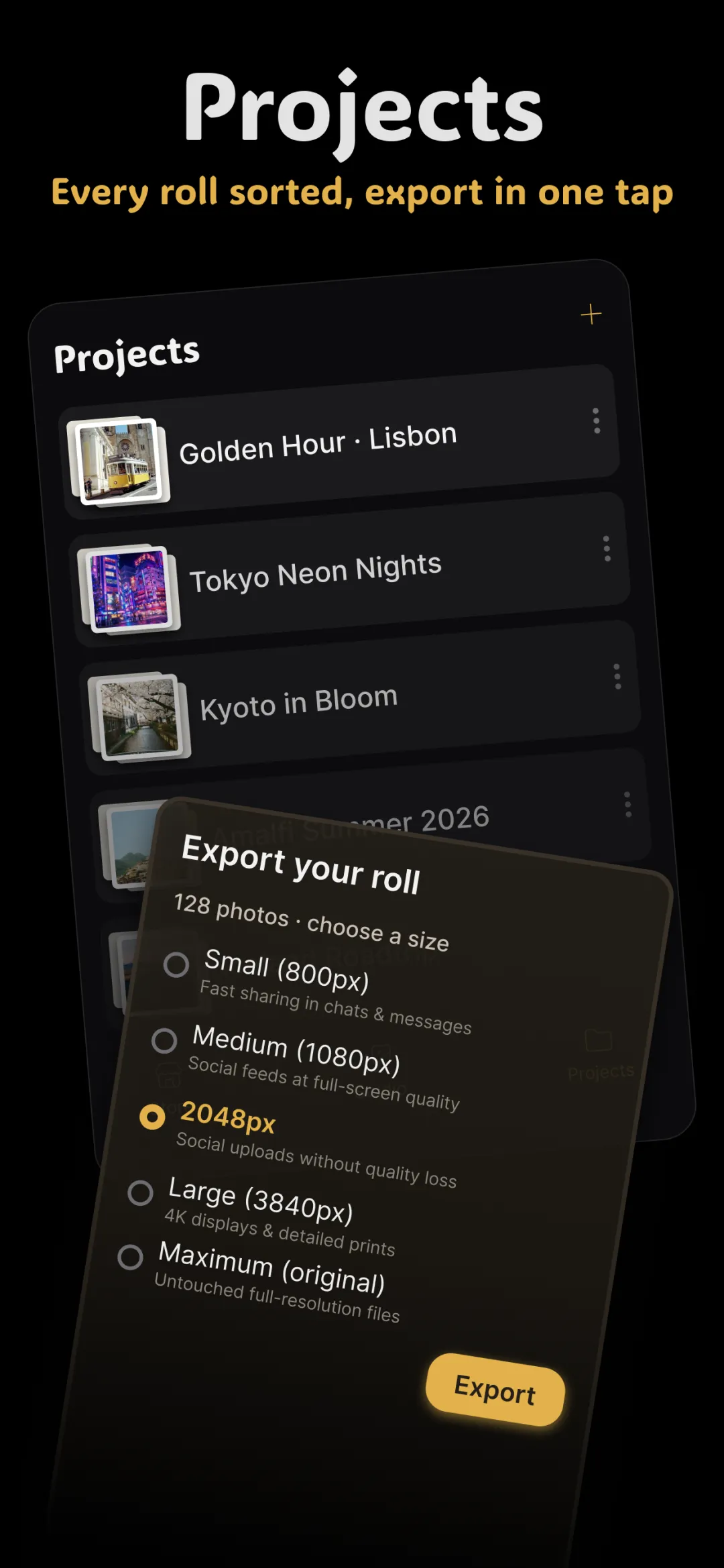 Fimii Projects screen with sorted photo rolls and one-tap batch export