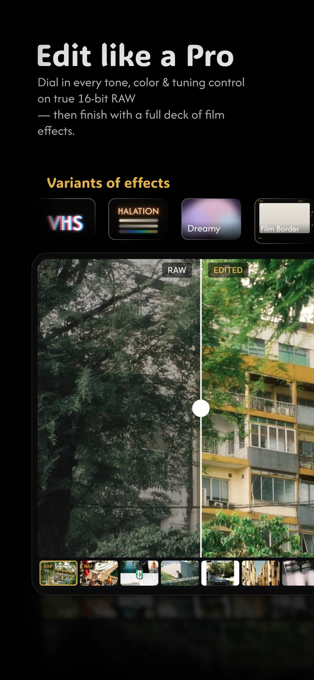 Fimii 16-bit RAW editor with before-and-after comparison on a real photo